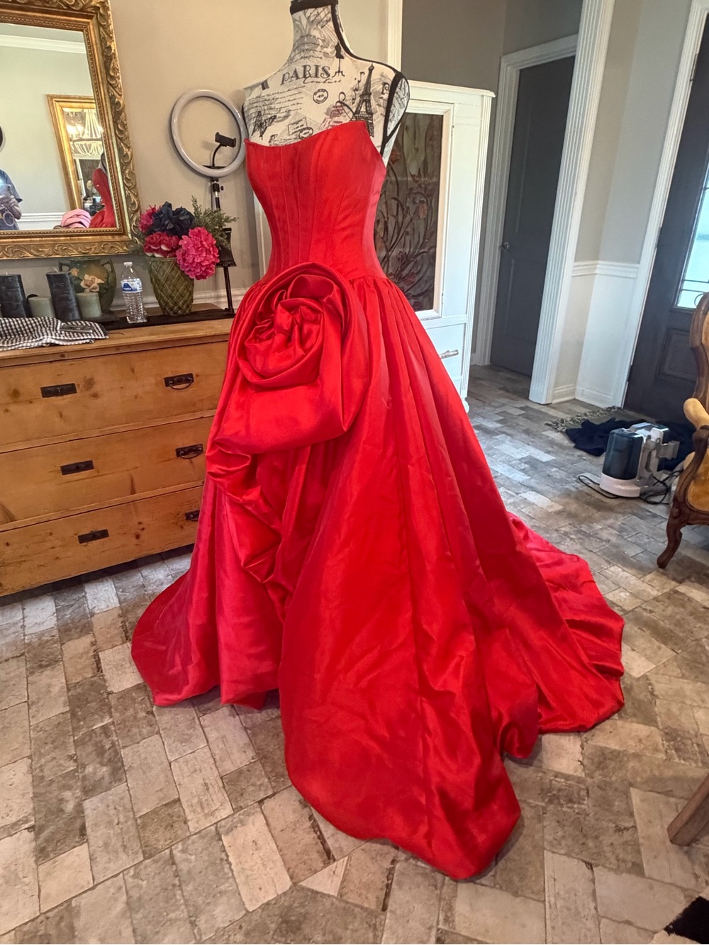 Sherri hill Red Strapless Ball Gown with Large Rosette Accent